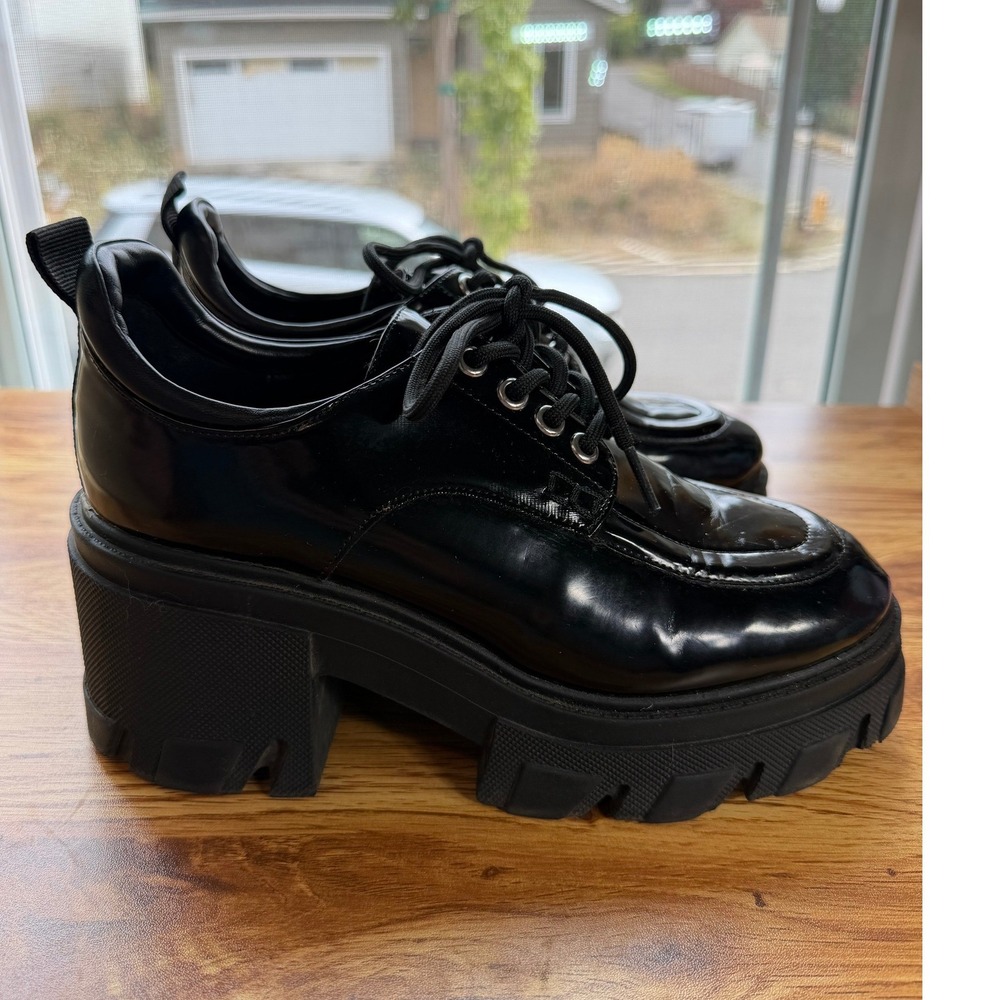 Nine West Black Patent Lace Up Platform Oxfords Chunky Lug Sole S 7